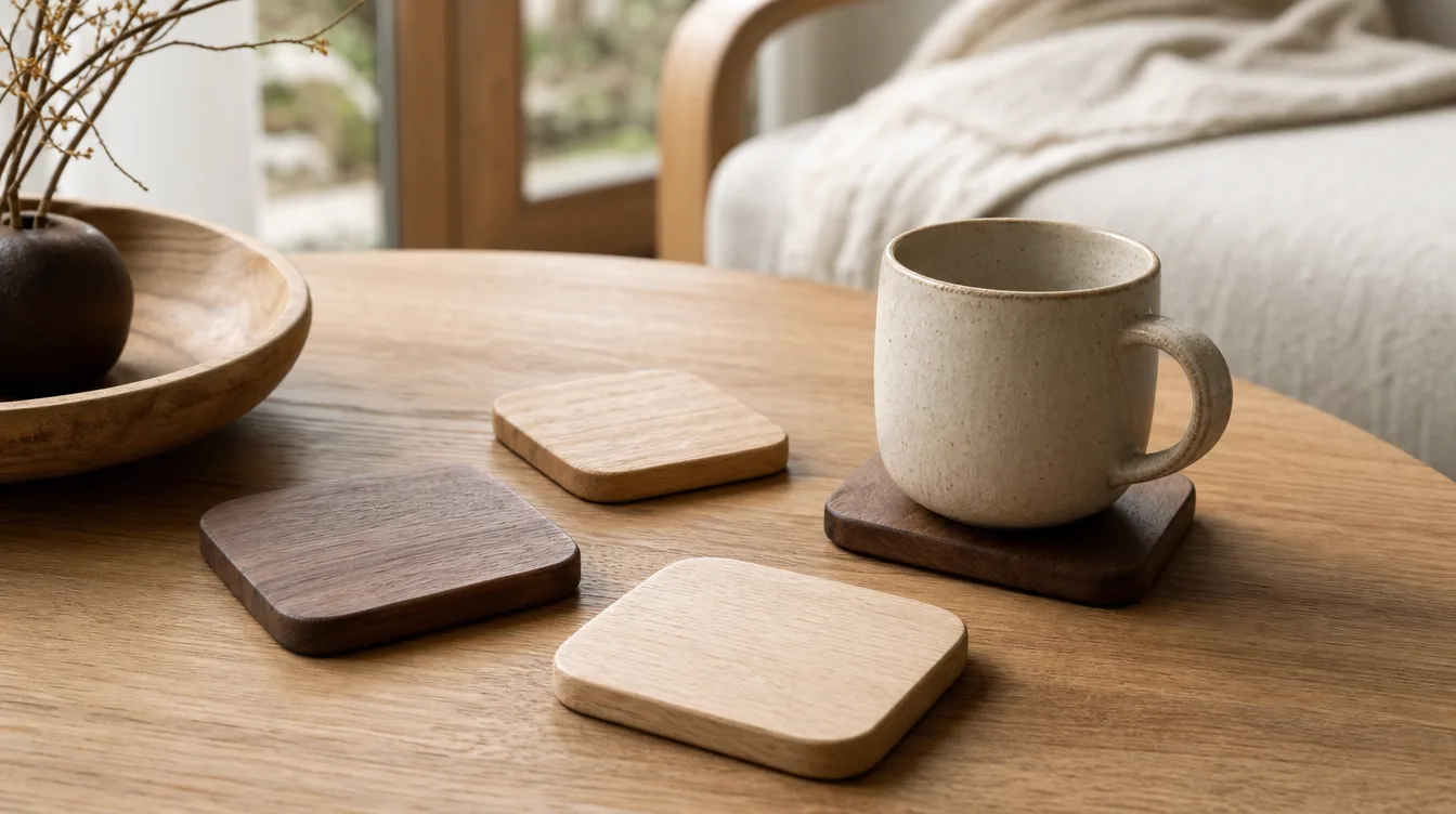 Set houten Japandi onderzetters met een mok op een eiken tafel