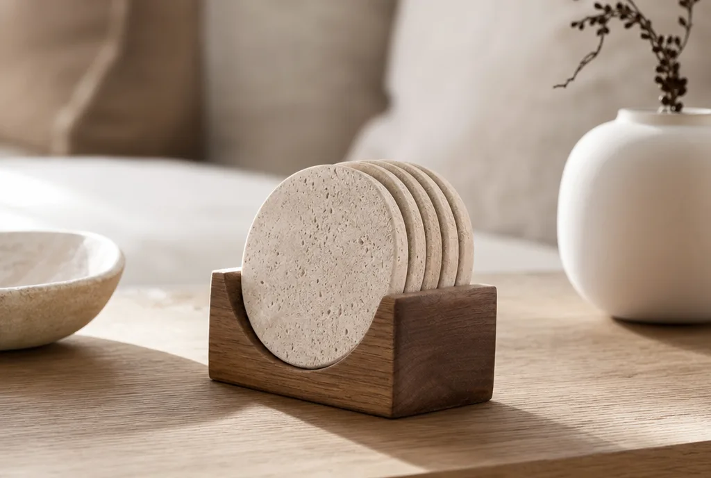 Onderzetters in een houten houder netjes bij elkaar