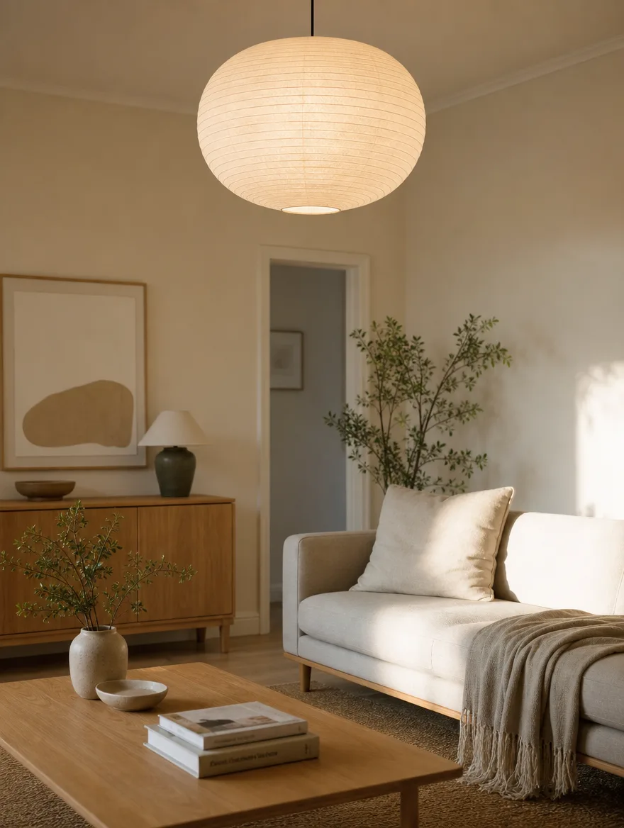 Rijstpapieren plafondlamp met zachte diffuse gloei boven een rustige woonkamer