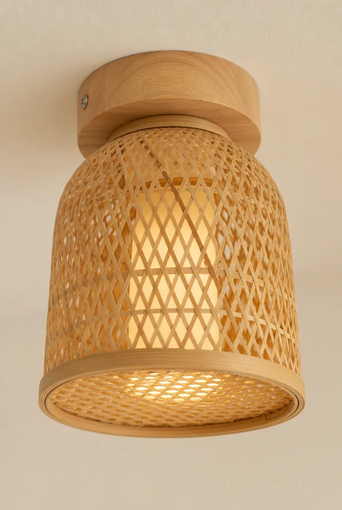 Detail van een bamboe plafondlamp met houten montageplaat tegen een gebroken witte muur