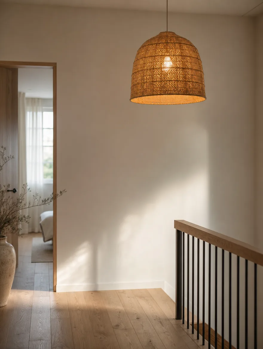 Geweven plafondlamp met warm licht boven een rustige overloop in ochtendlicht