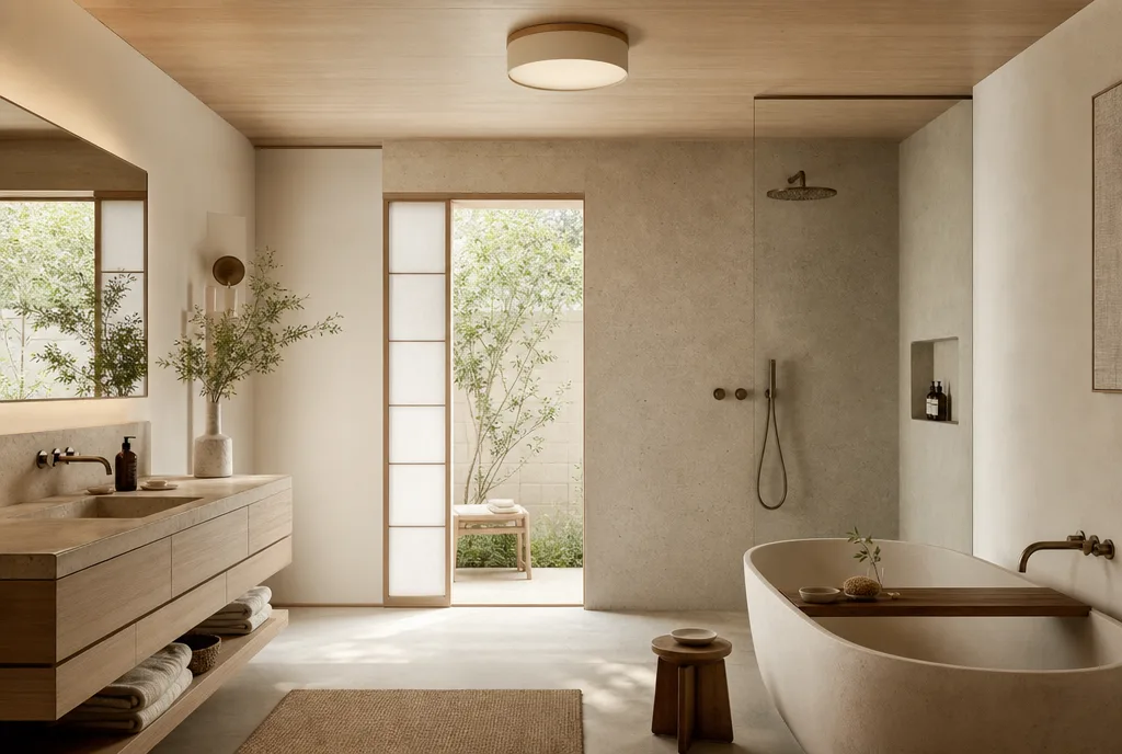Rustige Japandi badkamer met een plafondlamp op veilige afstand van de douche