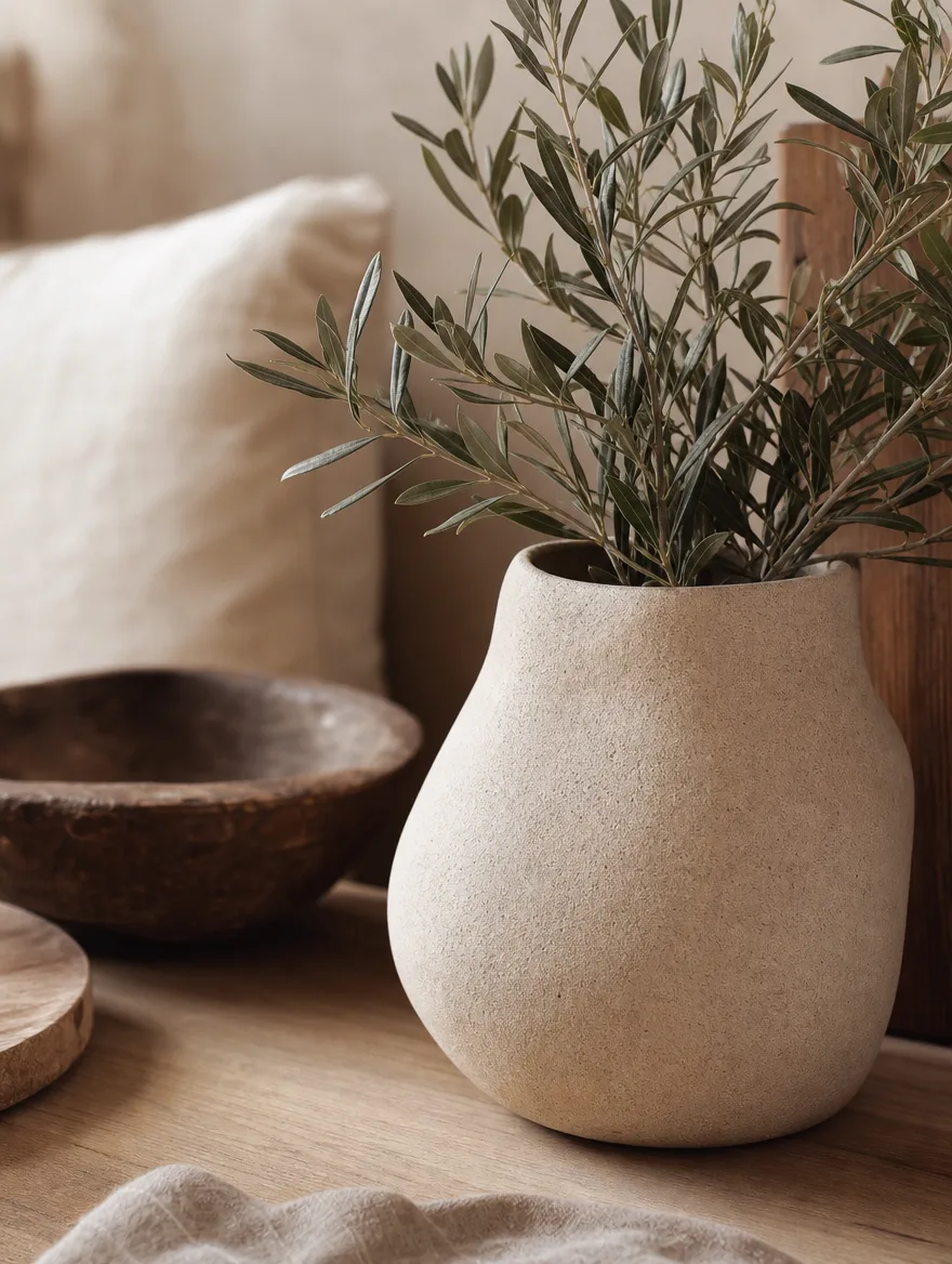 Detail van een matte keramische pot in zandtint met grijsgroen blad