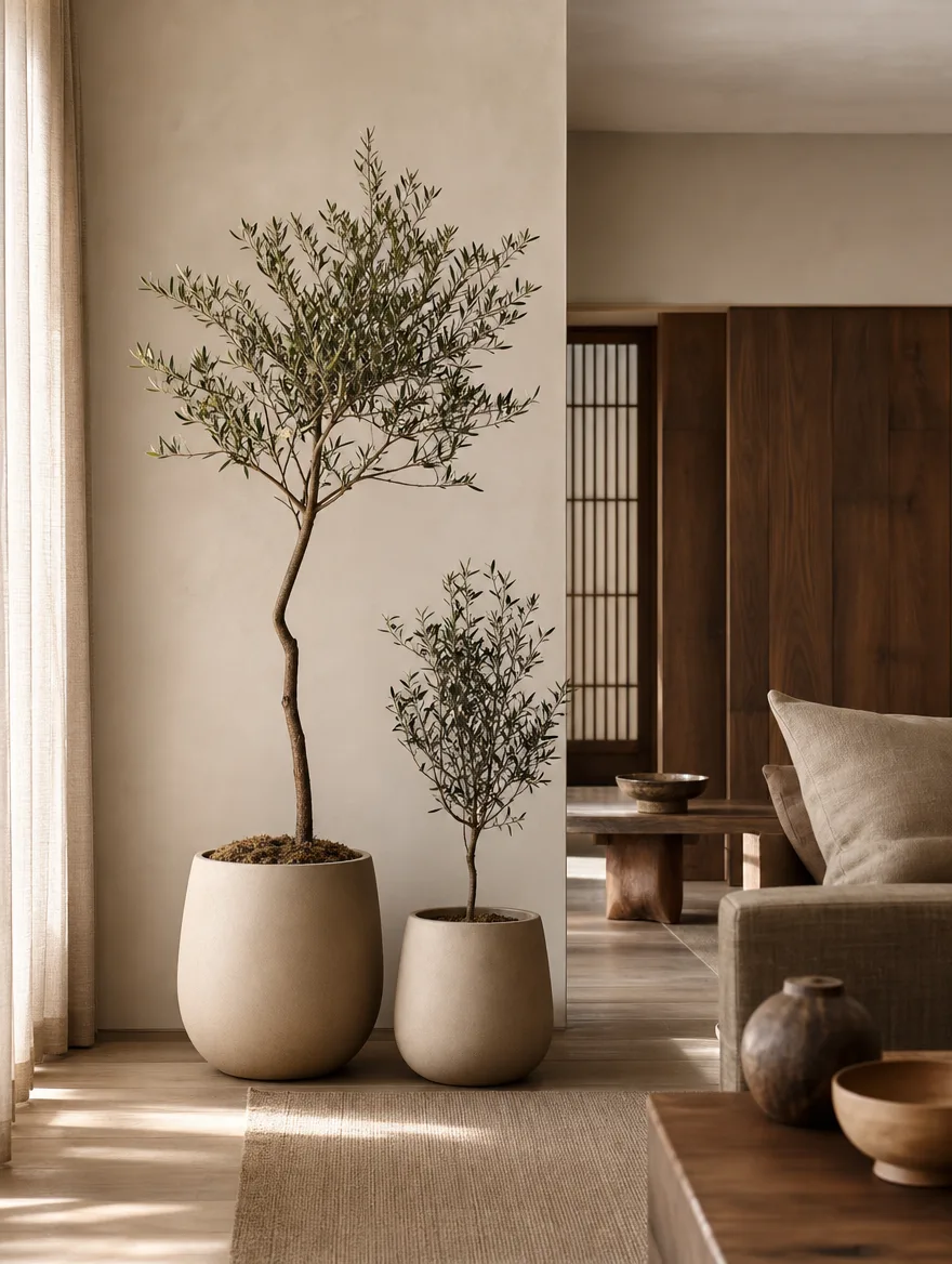 Een of twee rustige planten in matte potten in een Japandi kamer