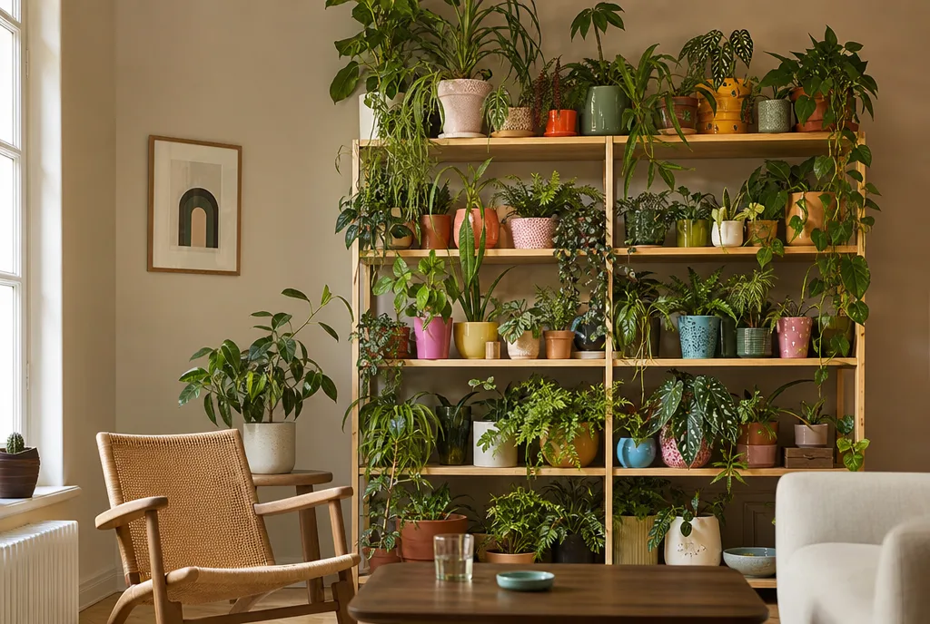 Vol plantenrek en felle plastic potten als voorbeeld van wat niet past