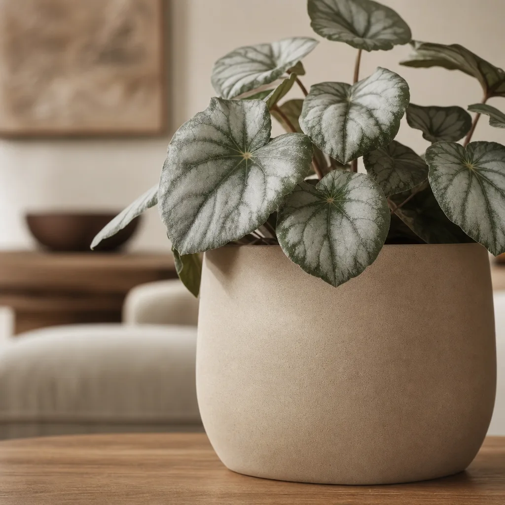 Detail van een grafische blad-plant in een matte pot