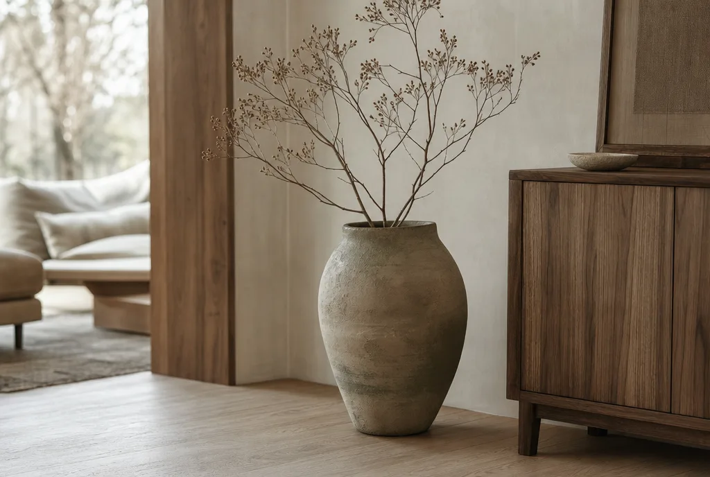 Matte aardse pot in keramiek afgestemd op de materialen in de kamer