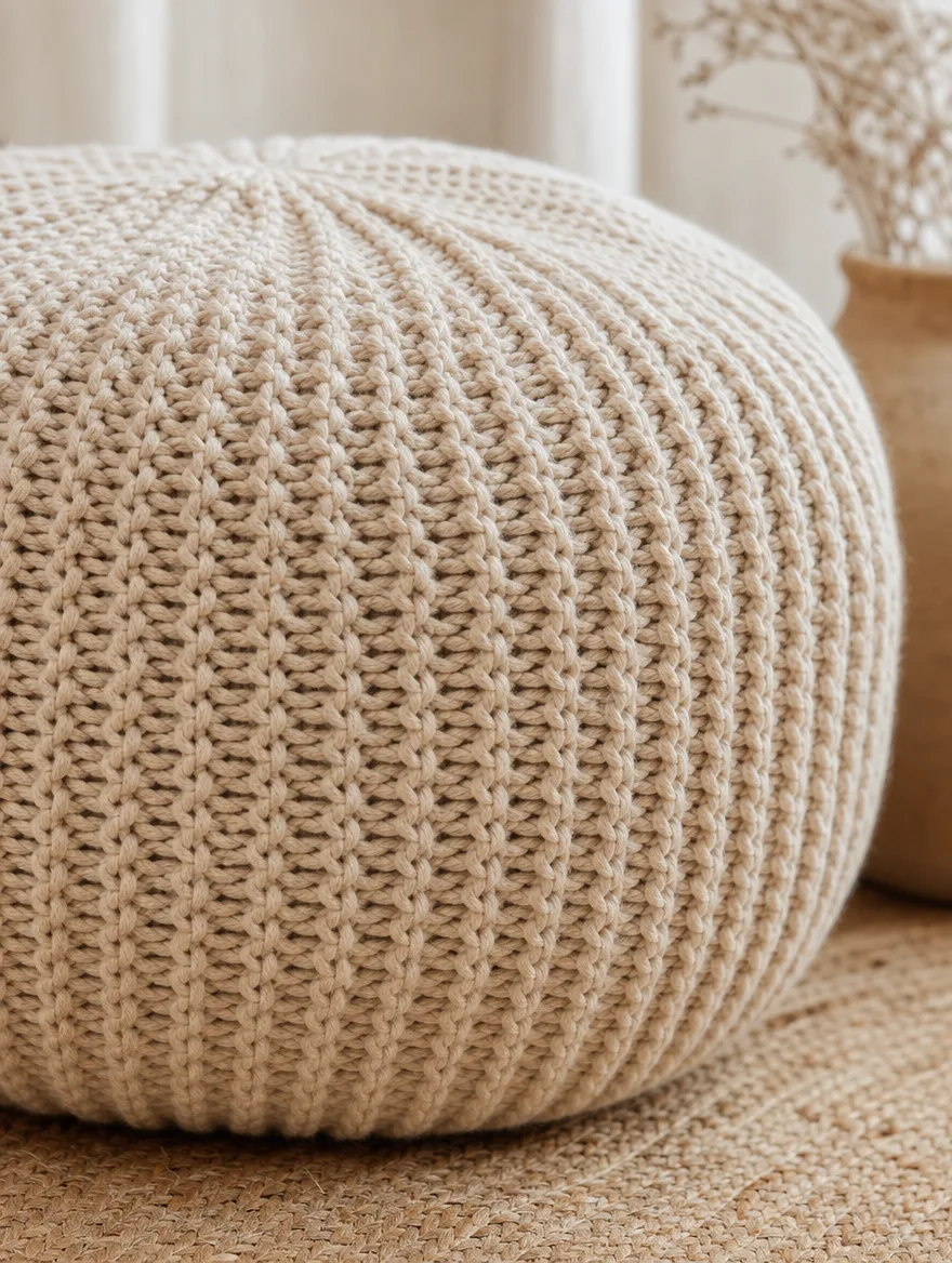 Detail van een gebreide katoenen poef in beige