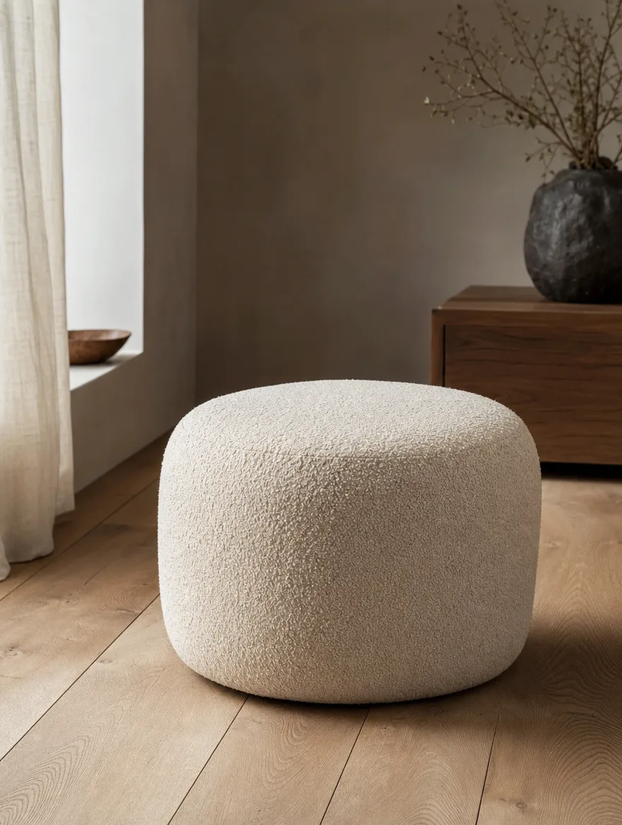 Effen bouclé poef op een houten vloer met matte natuurlijke materialen