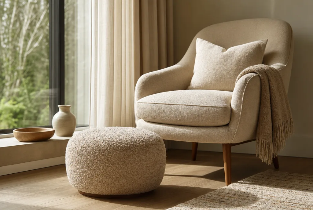 Poef als voetensteun voor een fauteuil bij het raam