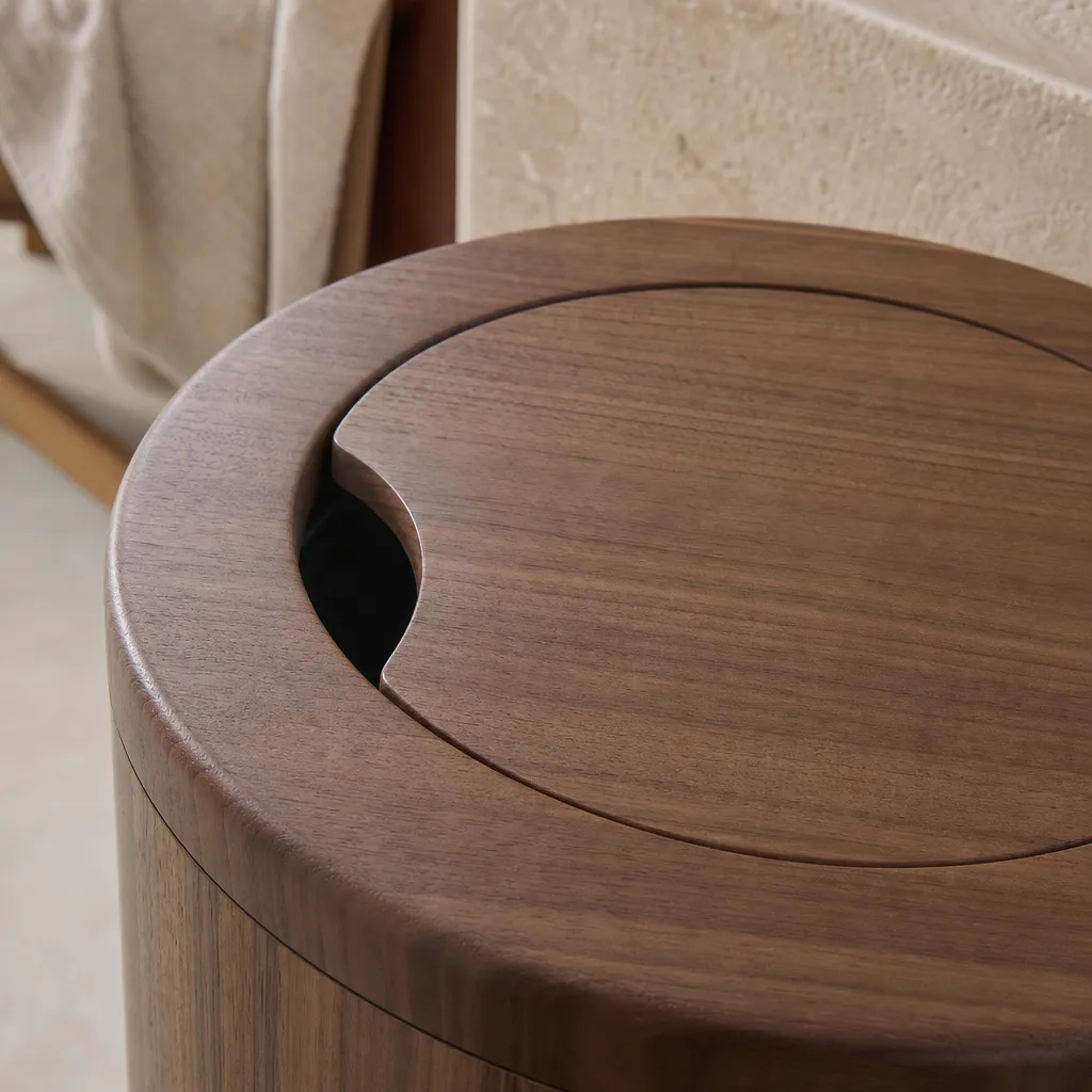 Detail van het houten deksel van een prullenbak