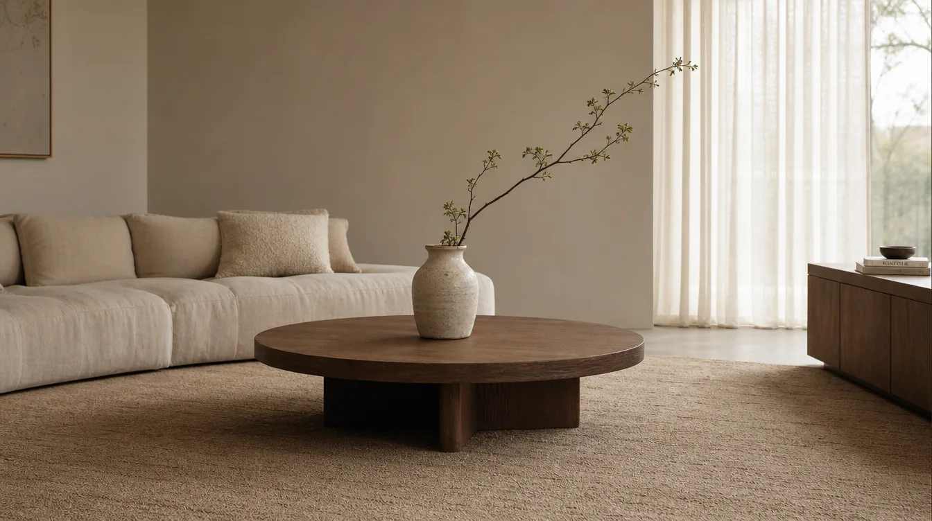 Japandi woonkamer met een lage ronde houten salontafel op een zandkleurig vloerkleed en zacht daglicht