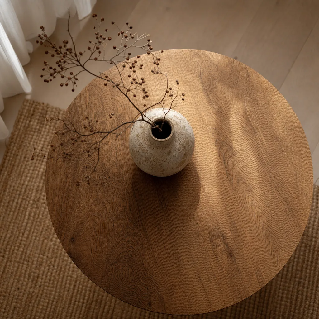 Bovenaanzicht van een ronde houten salontafel met een enkele keramieken vaas