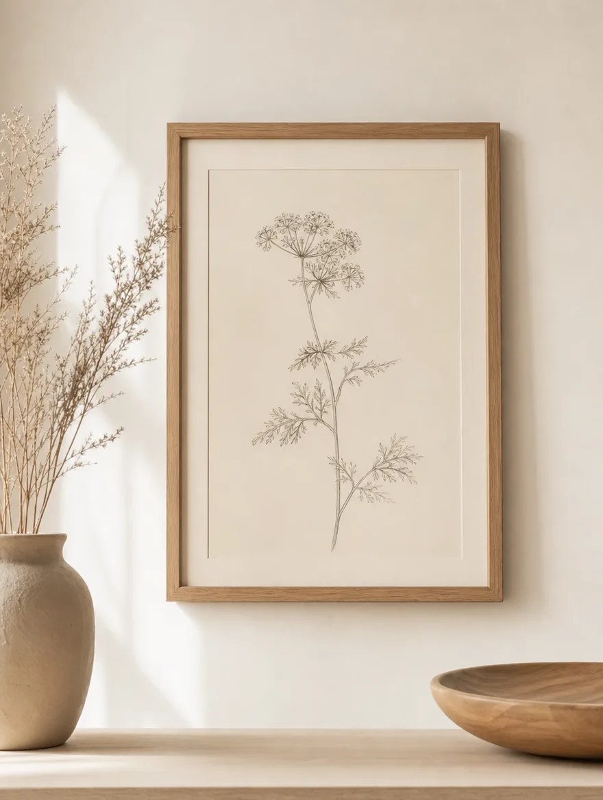 Fijne botanische lijntekening in een dunne eiken lijst aan een lichte muur