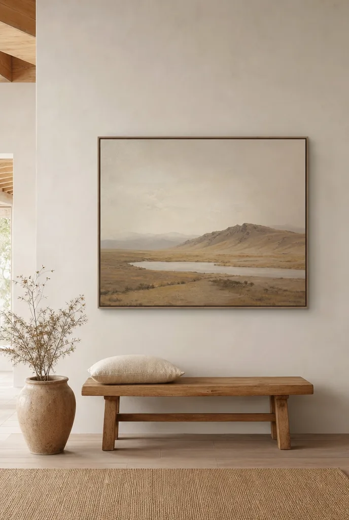 Minimalistisch landschap in gedempte tinten boven een houten bankje