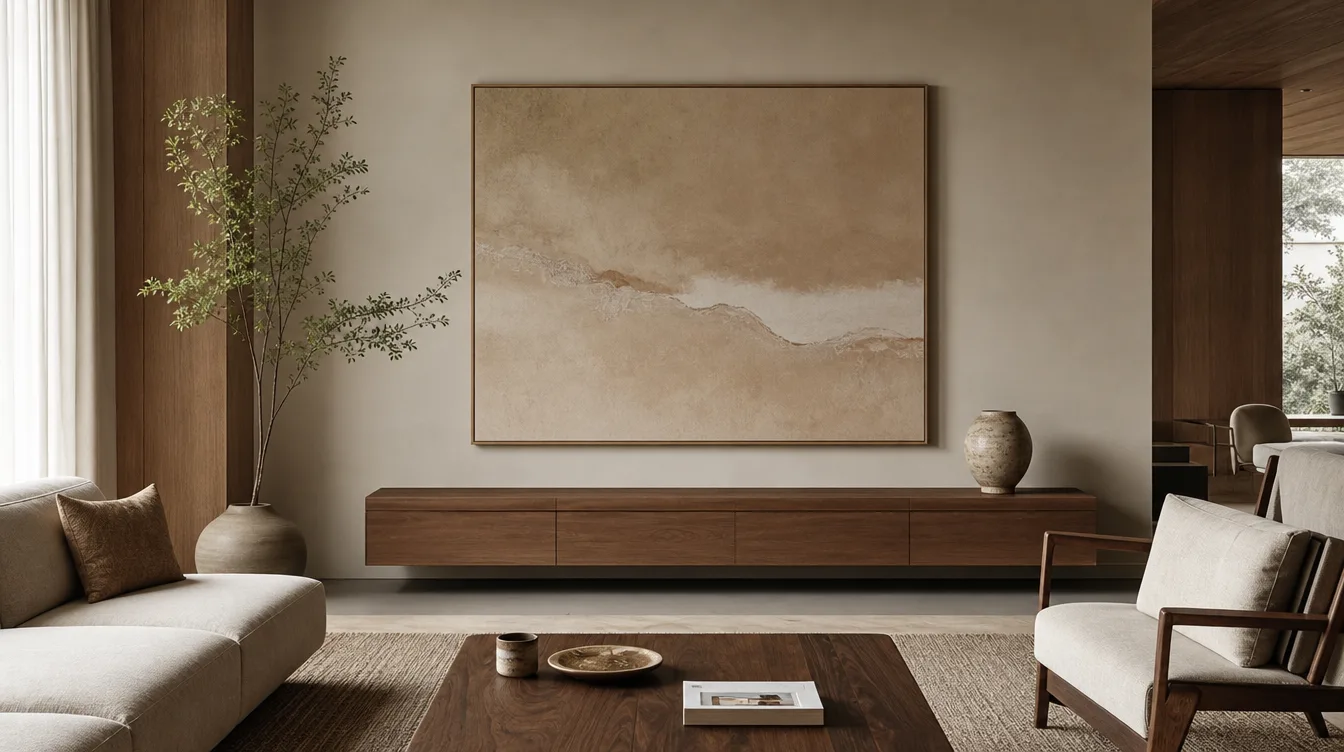 Japandi woonkamer met een groot abstract schilderij in beige tinten boven een laag dressoir