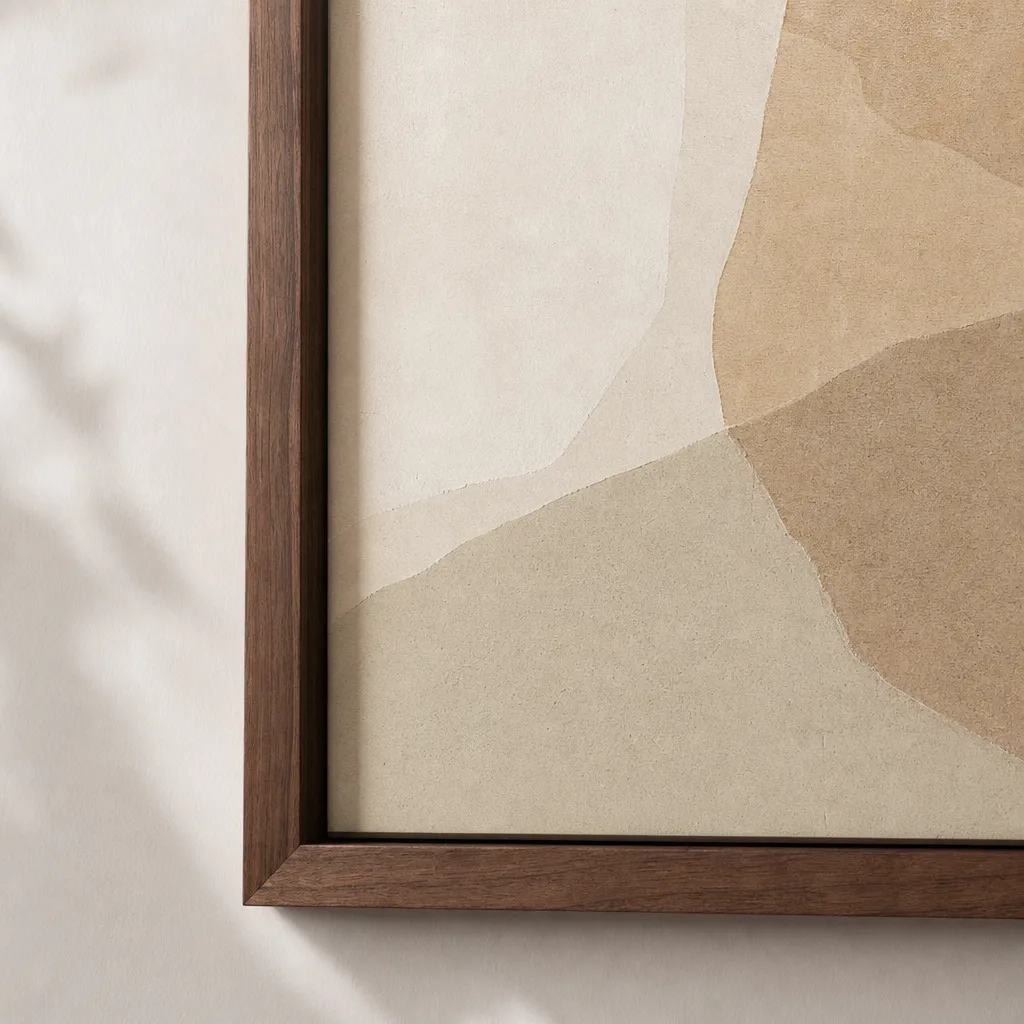 Detail van een dunne walnoot lijst rond een beige abstract werk