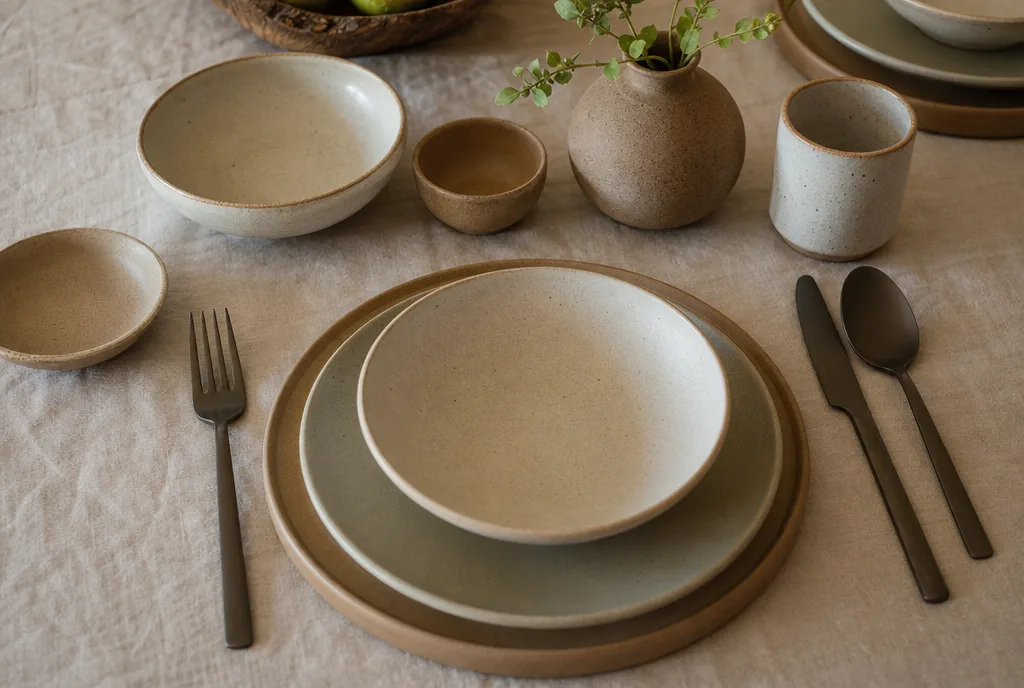 Tafel gedekt met losse stukken servies in twee of drie aardetinten die samenhangen