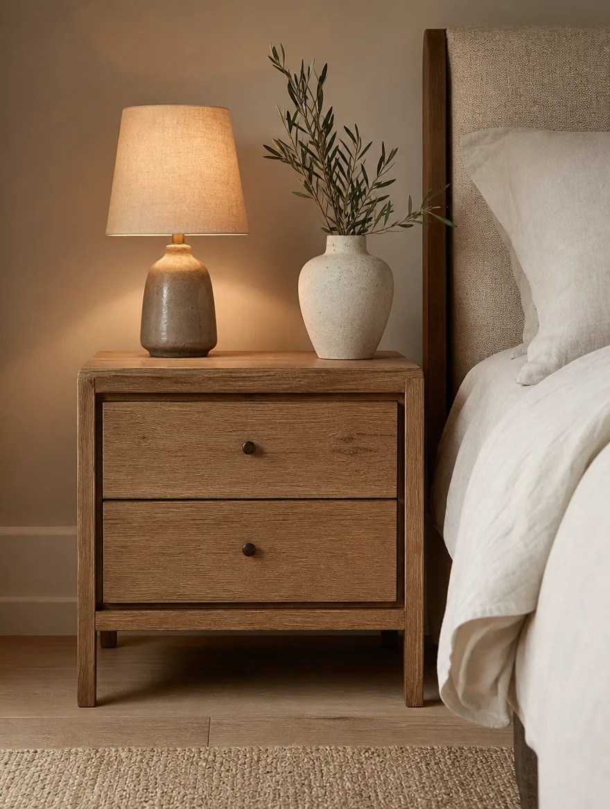 Eiken nachtkastje met kleine lamp en een enkele vaas
