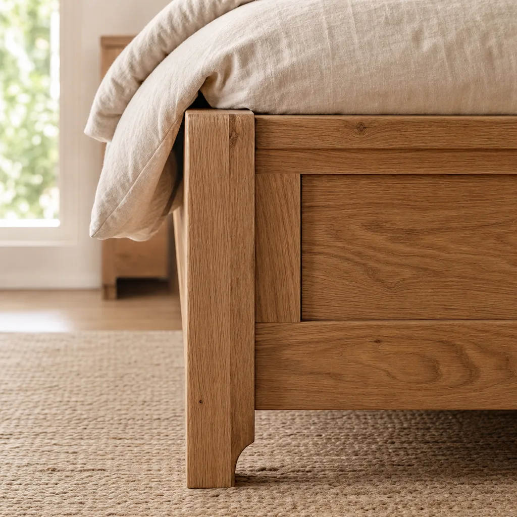 Detail van een massief houten bedframe met zichtbare nerf