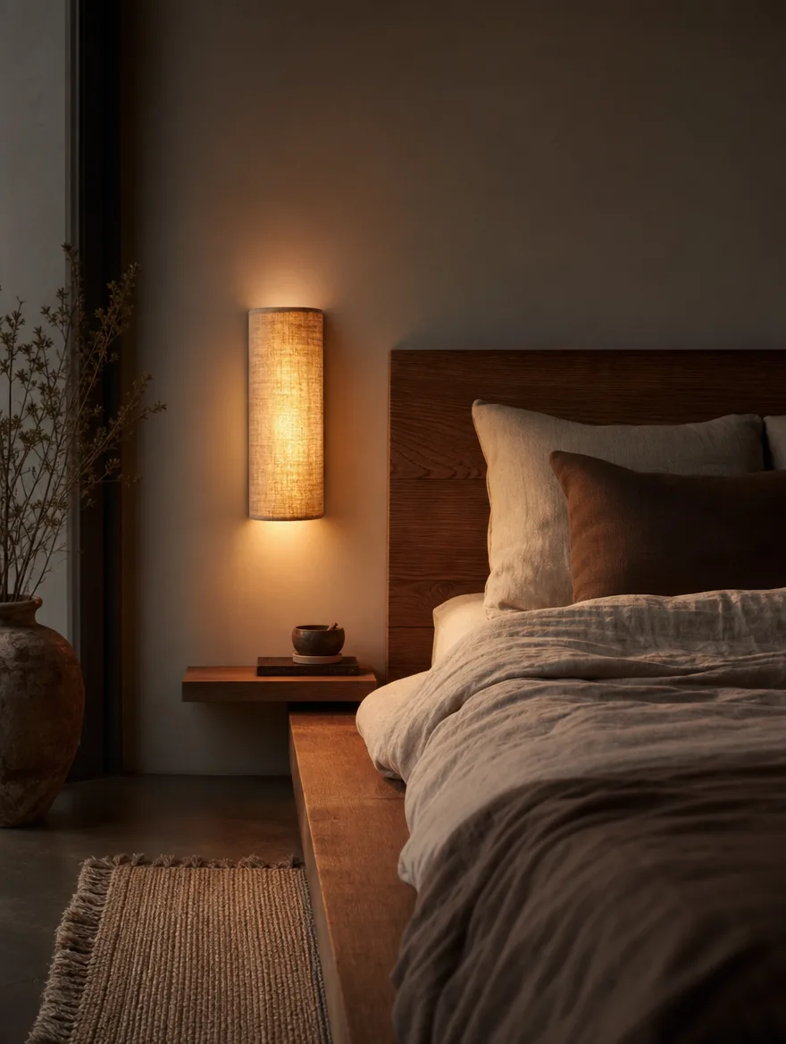Warm verlicht wandlampje naast een bed in een verder gedimde slaapkamer