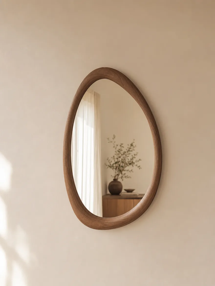 Organisch gevormde spiegel met een walnootkleurige rand op een lege beige muur