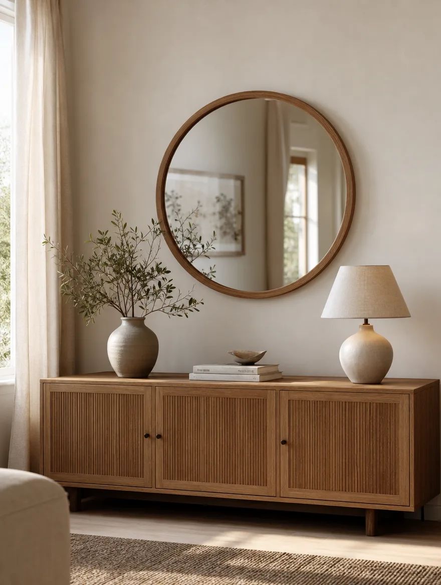 Ronde houten spiegel boven een dressoir met een vaas en een lamp ernaast