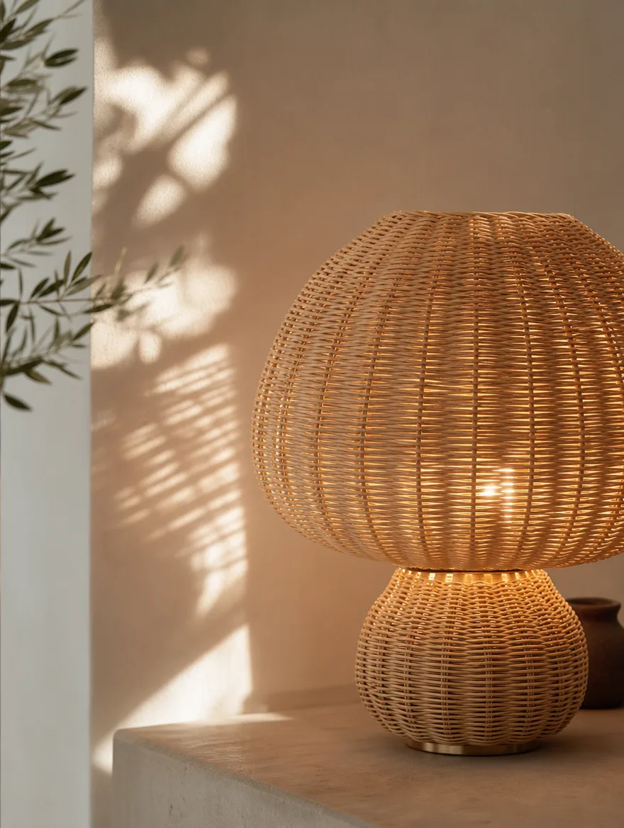 Detail van een gevlochten rotan tafellamp met zacht schaduwspel op de muur