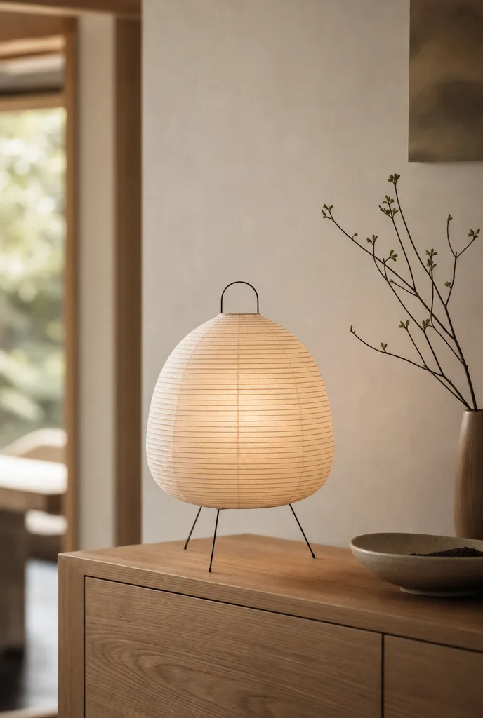 Rijstpapieren tafellamp met een zachte diffuse gloed op een dressoir