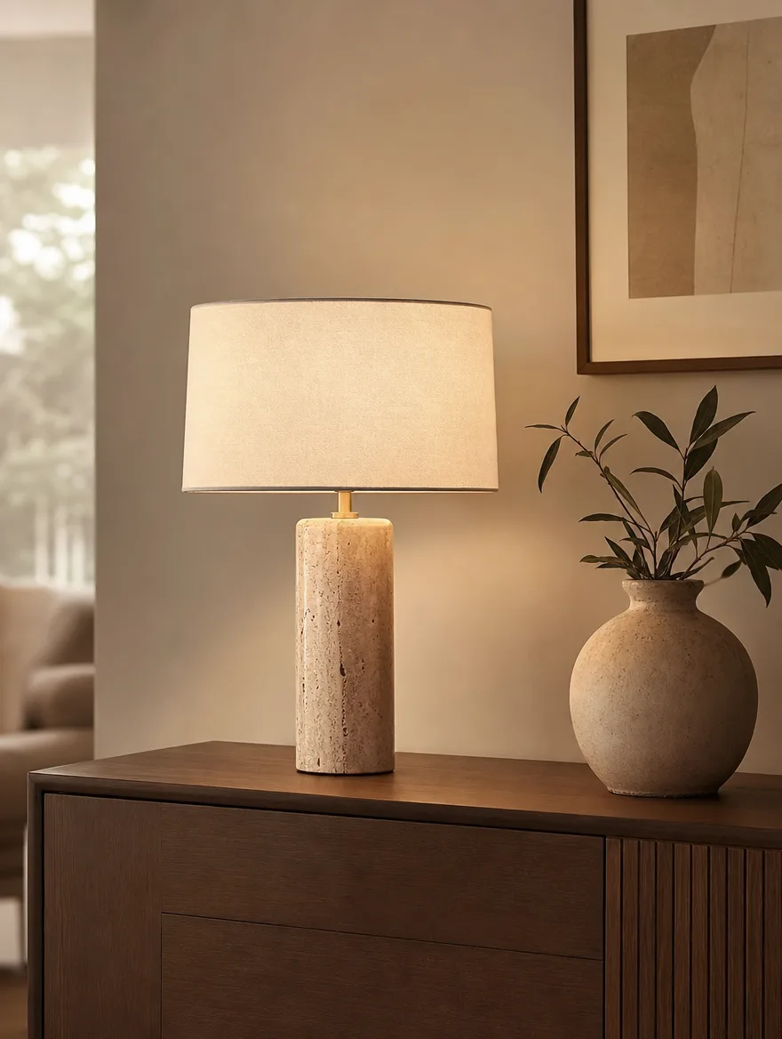 Tafellamp met warm licht op een dressoir naast een keramieken vaas