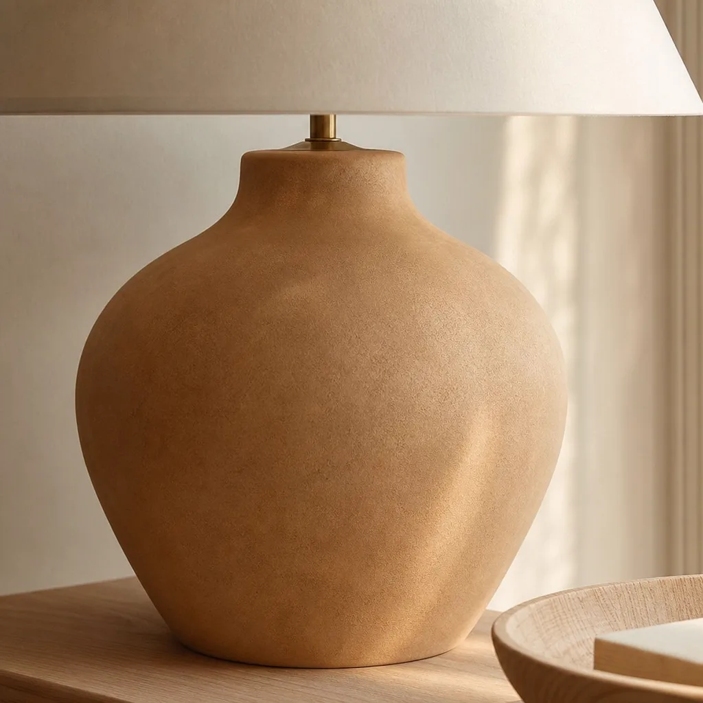 Detail van een matte keramieken lampvoet in een warme aardetint