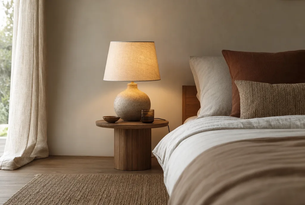 Tafellamp op ooghoogte naast een laag bed, met de kap op leeshoogte