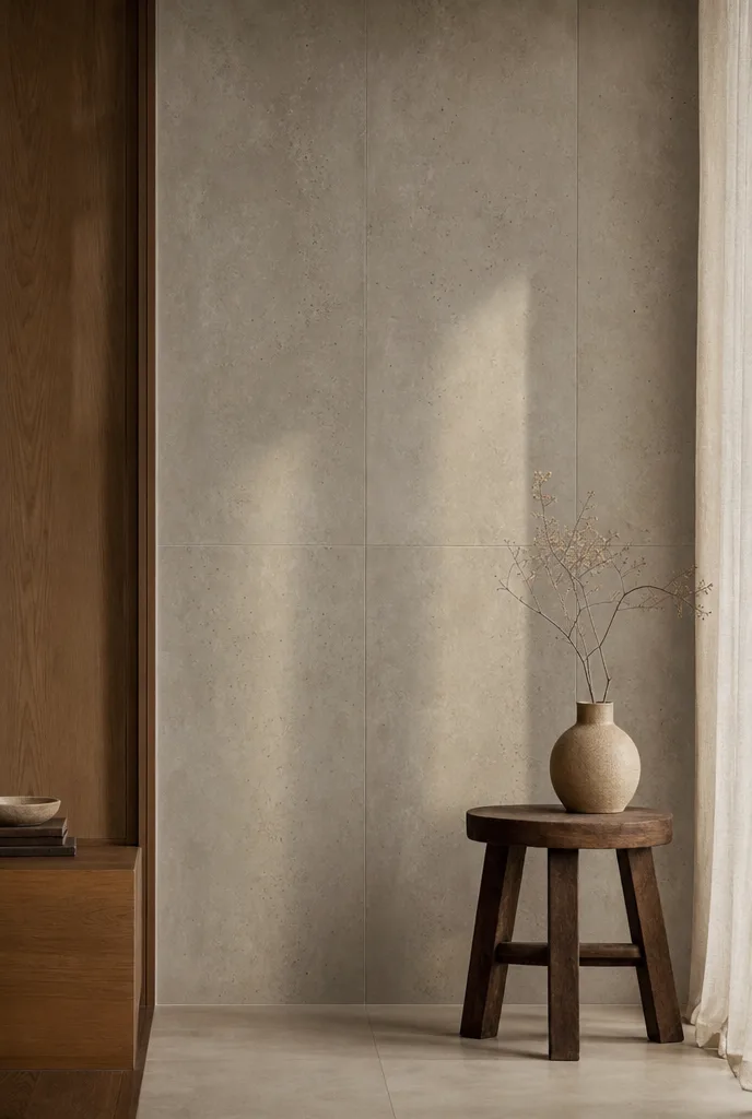 Smalle compositie van een betonlook tegelwand met een houten kruk