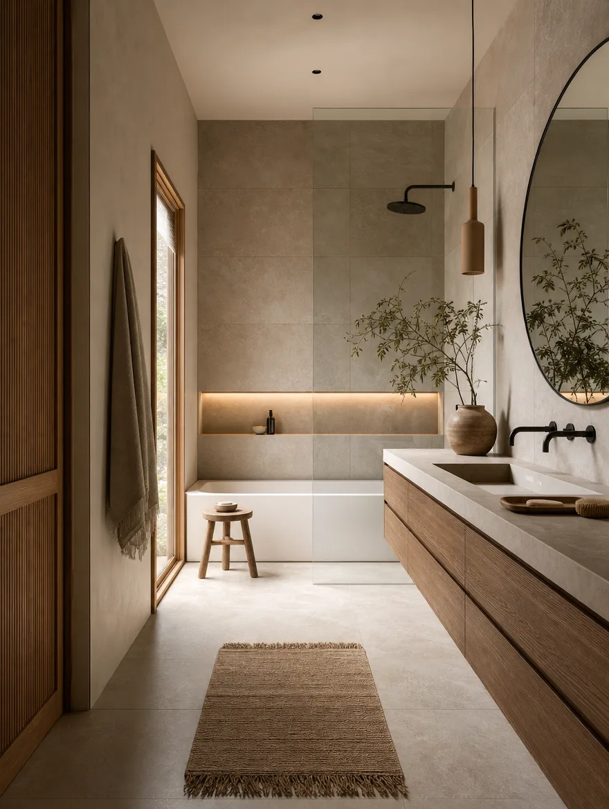 Japandi badkamer met betonlook tegels en warme houtaccenten