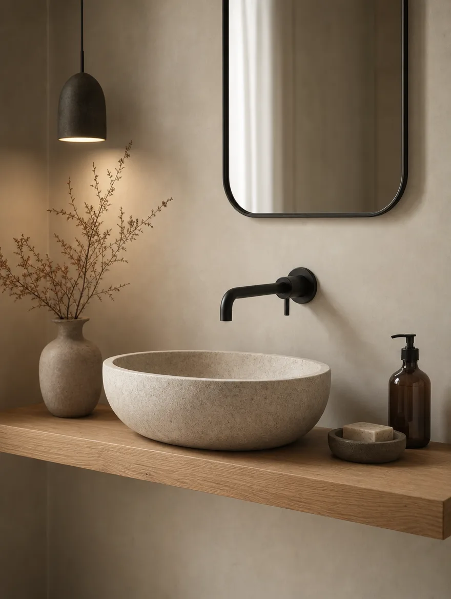 Compact stenen fonteintje op een houten plankje tegen een microcement wand