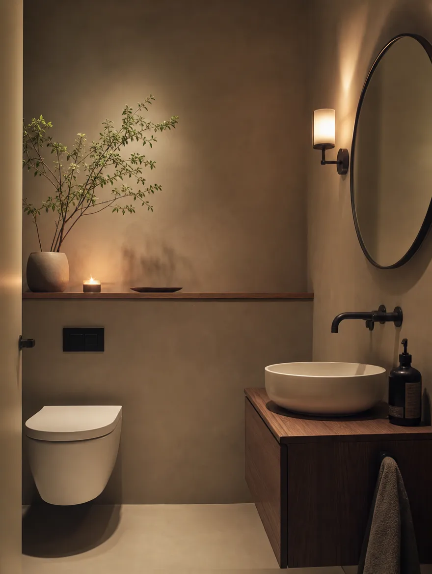 Rustig Japandi toilet met warm gedempt licht en hooguit een paar accessoires