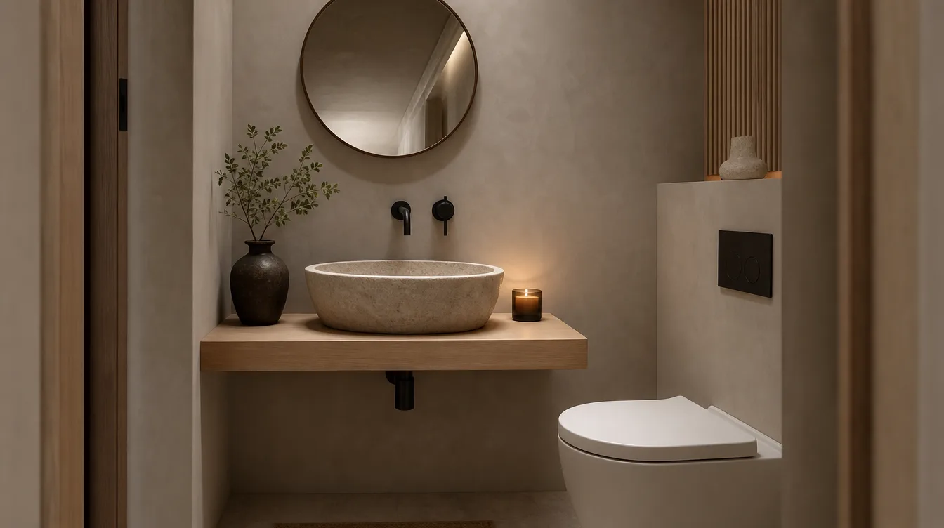 Japandi toilet met een matte neutrale wand, een houten fonteintje en een ronde spiegel