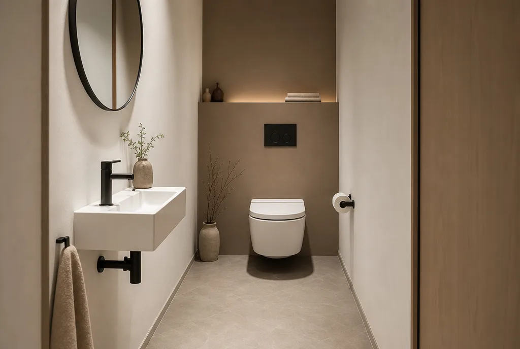 Japandi toilet met zwevend fonteintje, doorlopende vloer en een matte taupe accentwand