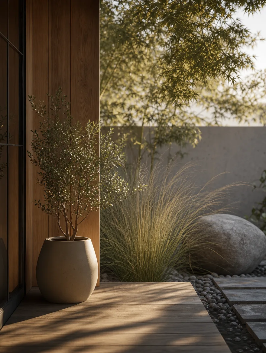 Rustige Japandi tuinhoek met vlonder, plant in een keramische pot en zacht avondlicht