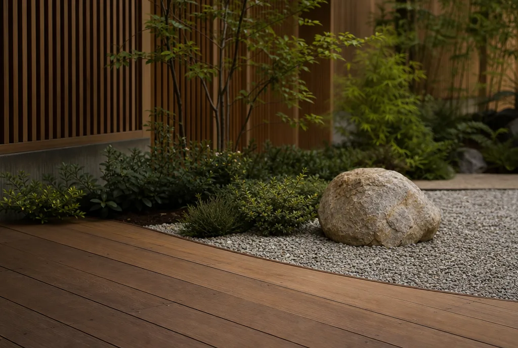 Houten vlonder met grindvlak en een enkele grote zwerfkei in een Japandi tuin