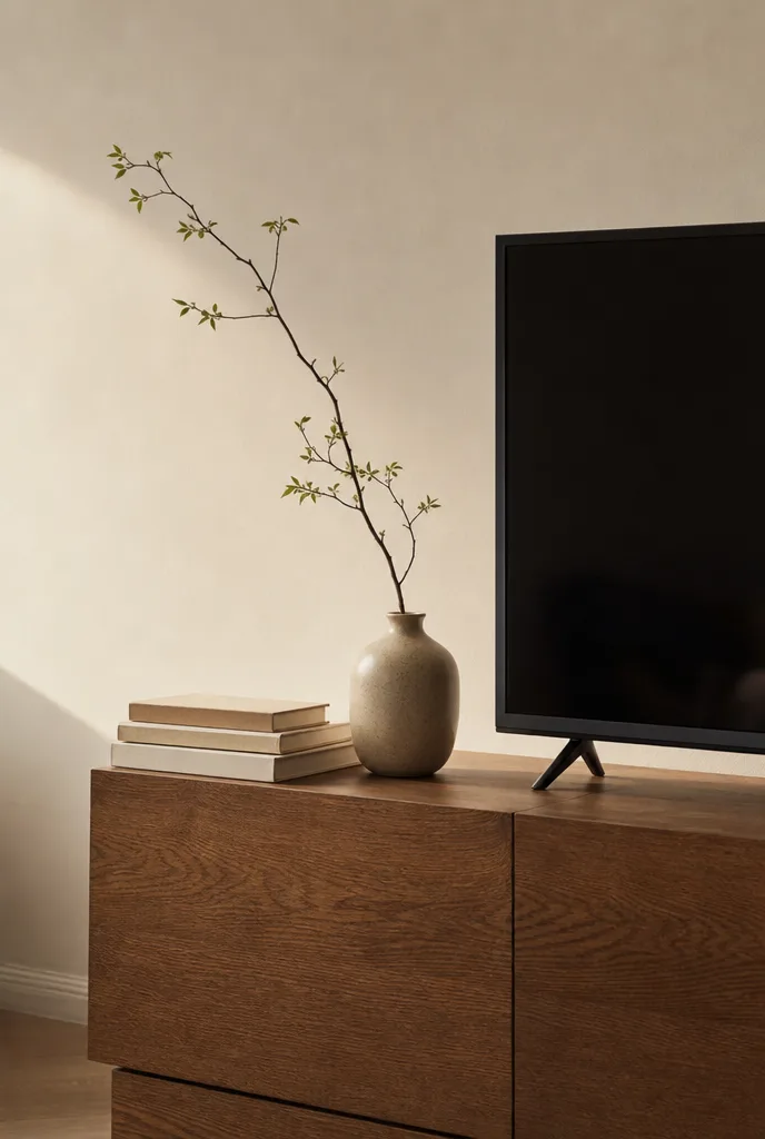 Stapeltje boeken en een vaas met tak naast een televisie op een kast