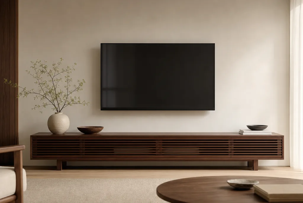 Japandi tv-kast met lamellenfront, een tv op maat erboven en een rustige neutrale wand