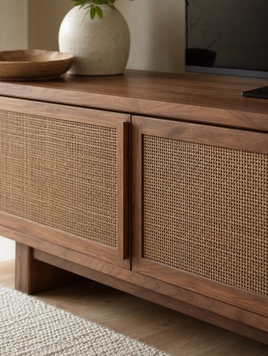 Detail van een walnootkleurig tv-meubel met handgevlochten rotan deuren
