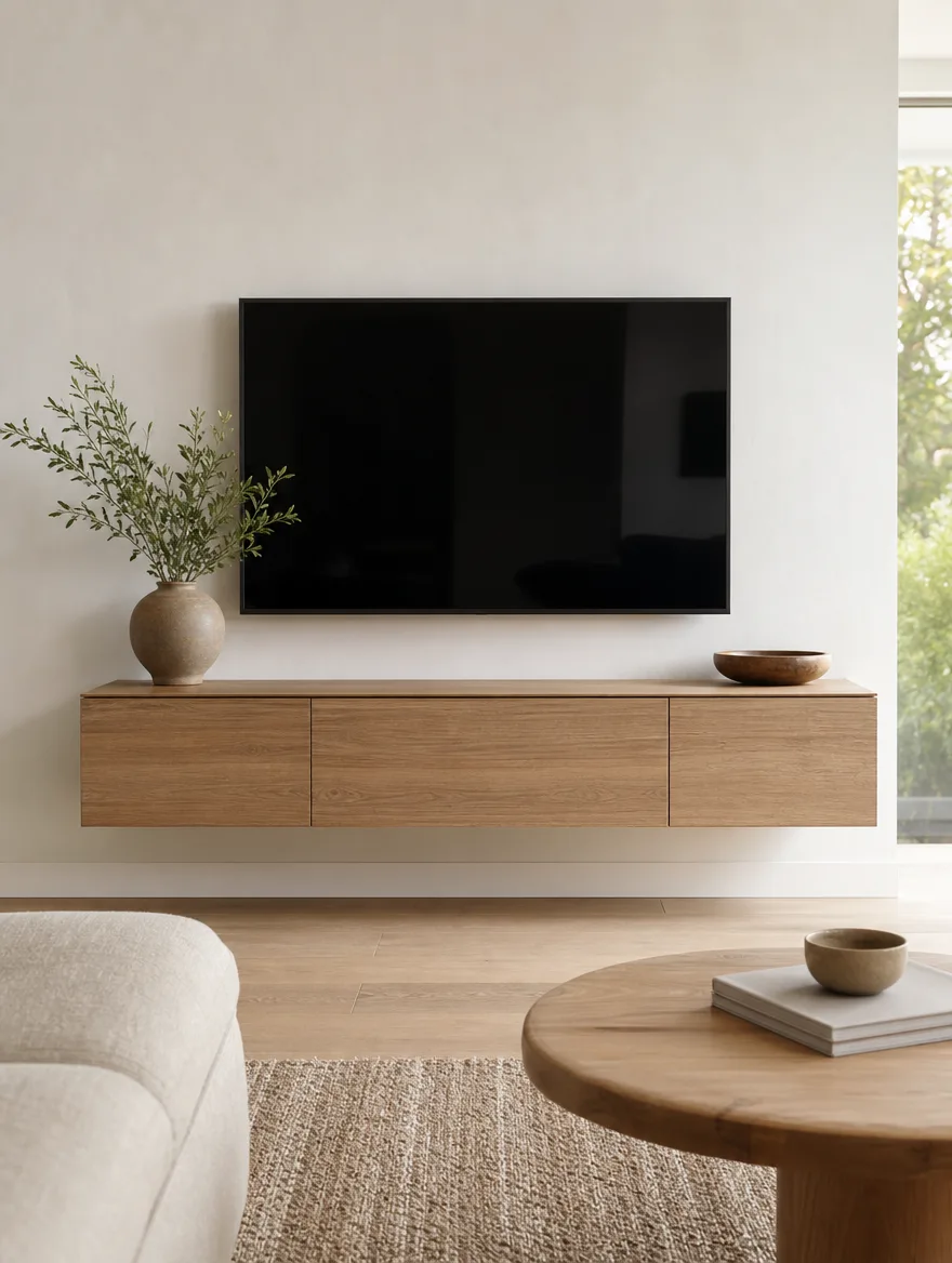 Zwevend houten tv-meubel aan een gebroken witte wand met de vloer zichtbaar eronder