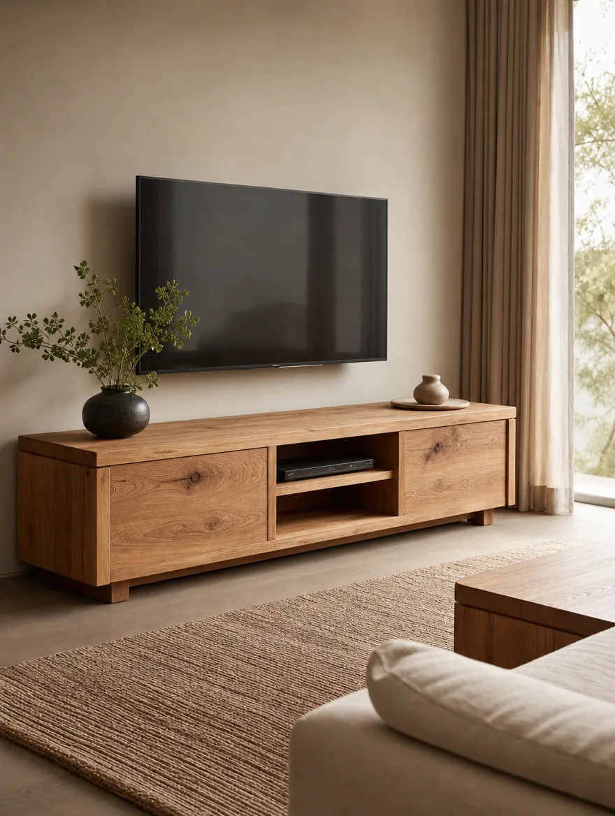Warm massief houten tv-meubel met zichtbare nerf als tegenbeeld voor glanzend zwart kunststof