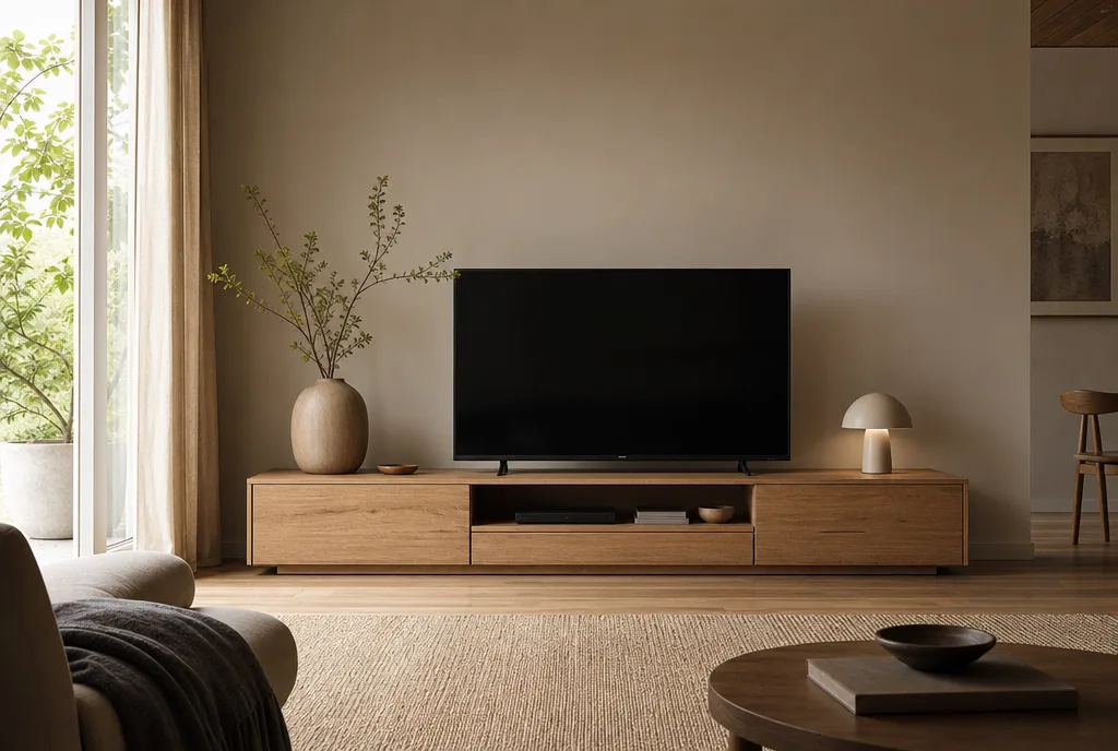 Lage brede tv-meubel met een televisie die ruim binnen de breedte van het meubel valt