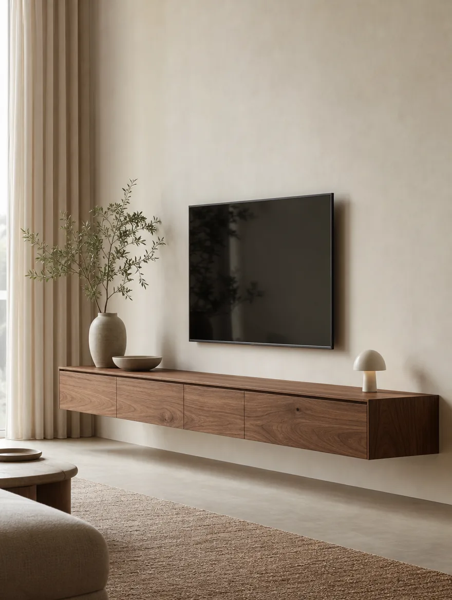 Zwevend walnoot tv-meubel laag aan een lichte wand