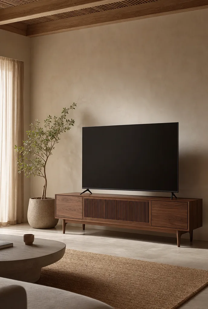 Walnoot tv-meubel op slanke pootjes met een plant ernaast