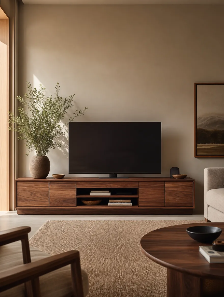 Sfeerbeeld van een walnoot tv-meubel in een rustige warme woonkamer