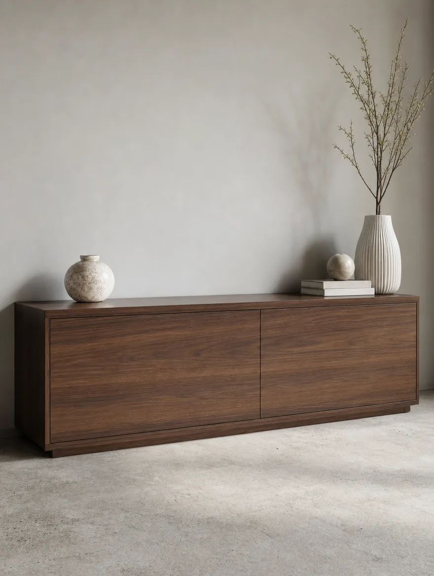Tv-meubel van gespoten MDF met geprinte walnoot-look die niet bij de stijl past
